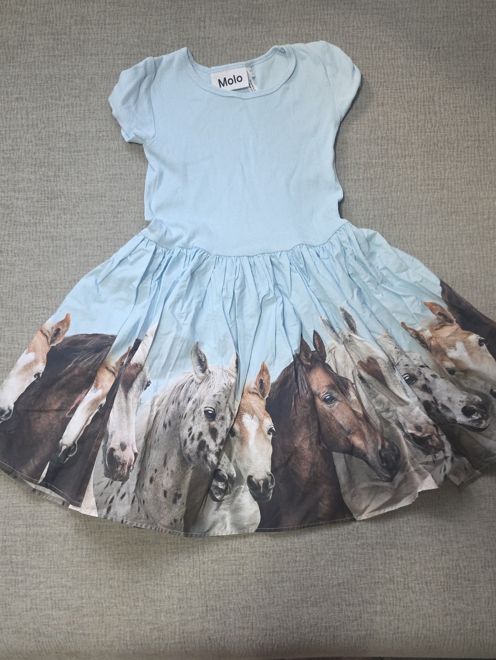 Molo Light Blue Horse Print Twirl Dress for Girls
